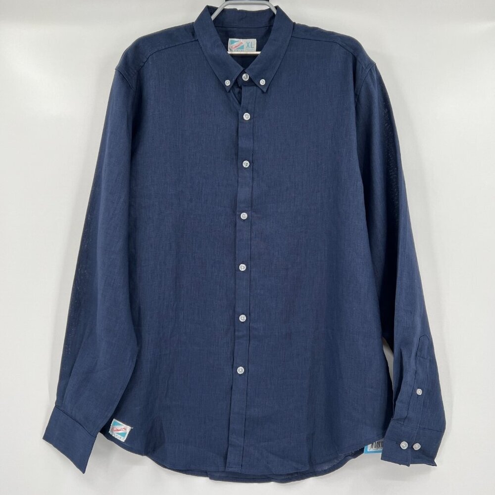 Bermies Men's Long Sleeve Button Down Linen Shirt Navy Blue sz XL NWT Shark Tank